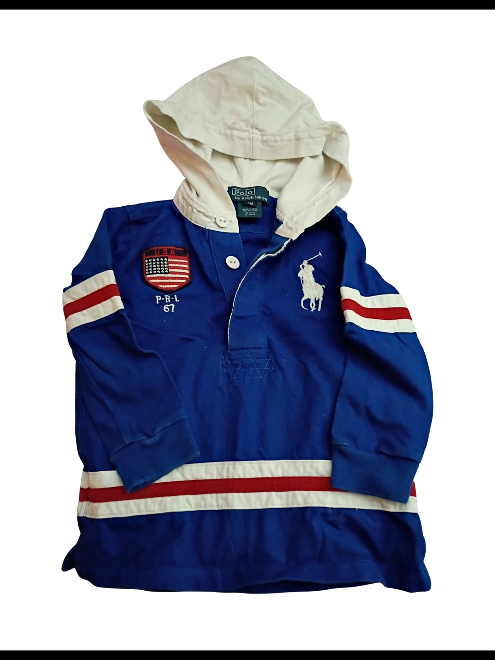 Ralph Lauren Blue Hoodie Rugby Shirt with White Hood and Red-White Stripes